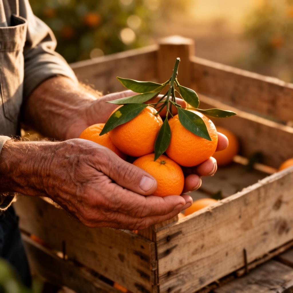 Manos del artesano sosteniendo naranjas recién cosechadas